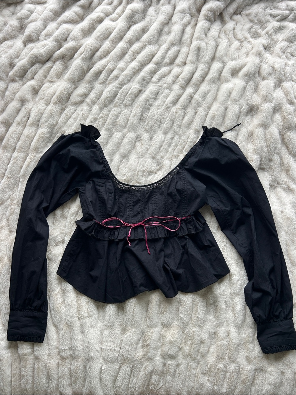 Free people Black Long-Sleeve Peplum Top with Pink Tie